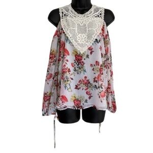 Beauty and the Beast Sleeveless Blouse - White with Pink Rose Print Size S